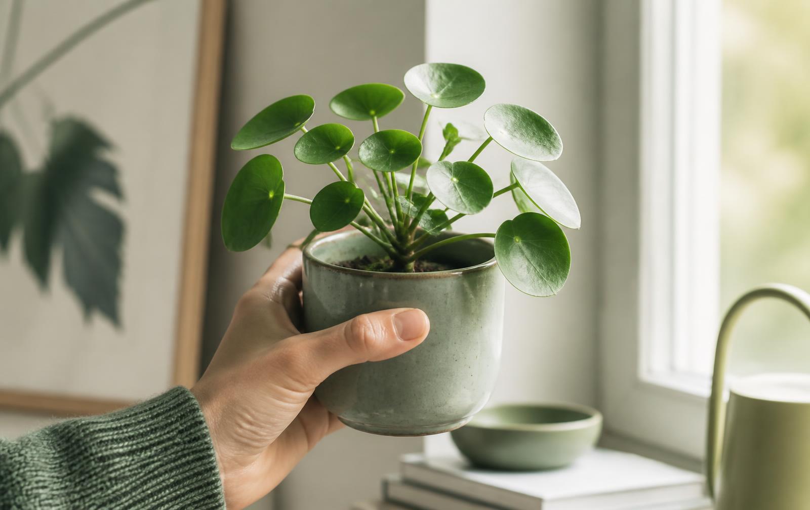 Hand holding a small potted plant by a window